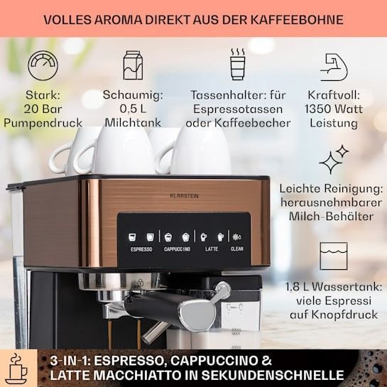 Еспресо-кавофемашина Klarstein Arabica Comfort 1350 Вт 20 барів 10041524 фото