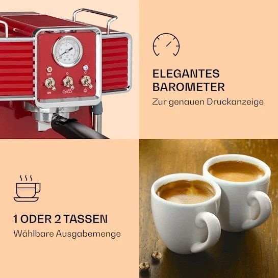 SALE БУ!!! Еспресо-кавоварка Klarstein Gusto Classico 1350 Вт, тиск 20 барів Резервуар для води: 1,5 літра 10035565 фото
