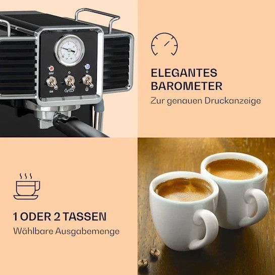 Легке Б/У Еспресо-кавоварка Klarstein Gusto Classico 1350 Вт, тиск 20 барів Резервуар для води: 1,5 літра 10035564 фото
