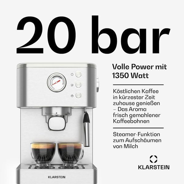 Эспрессо-кофемашина Klarstein SteelPresso 1350 Вт, 20 бар 10046500 фото